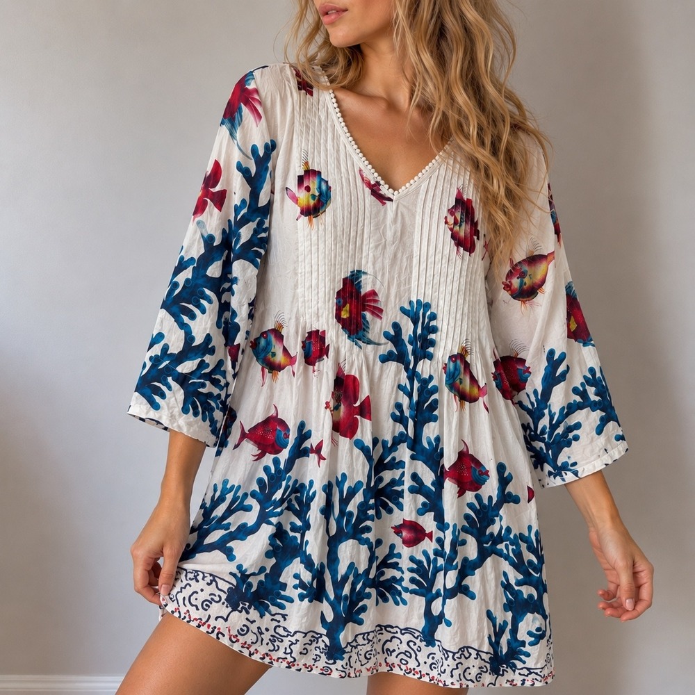 Soft Surroundings Seychelles Fish Coral Tunic Cover Up Large Coastal Boho Resort